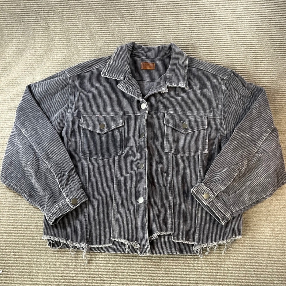 POL Gray Corduroy Raw Hem Trucker Jacket Women Oversized Charcoal Cotton NWOT